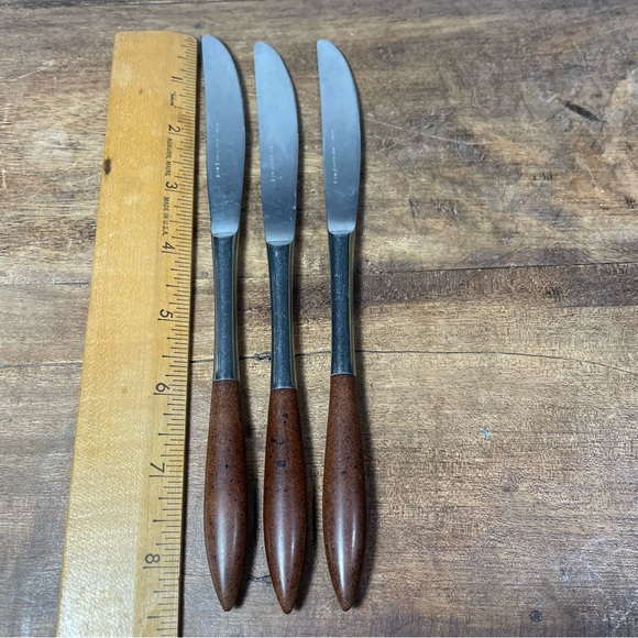 Epic Stainless dinner knives Wood handle Japan vintage MCM set of 3 - Picture 3 of 5